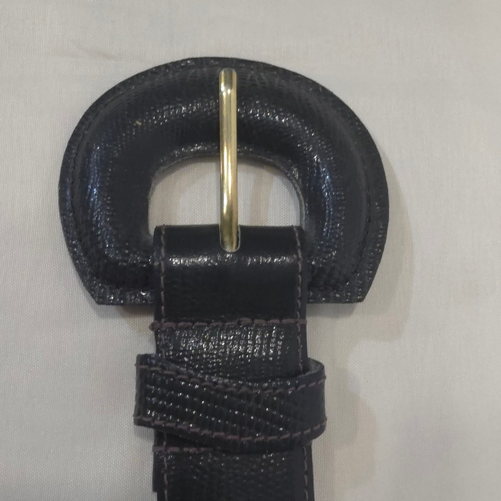 Haberdashery Brown Green Lizard Embossed‎ Leather Belt Gold Horseshoe Buckle S
